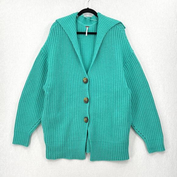 FREE PEOPLE Swim Too Deep Oversized Cardigan Womens S Turquoise Collared Button - Picture 3 of 16